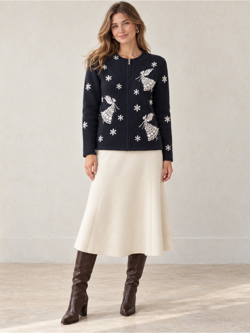 Talbots Wool Black Cardigan Sweater with White Beaded Angel and Snowflake Motif